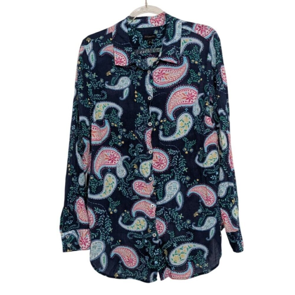 Talbots Paisley Shirt Womens Size Medium Blue Cotton Long Sleeve Button Front